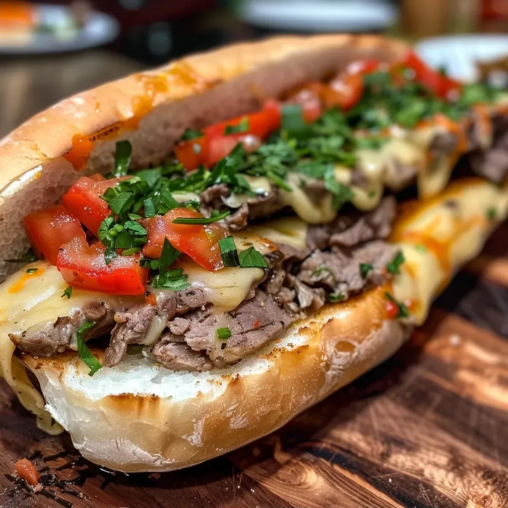 ['Sanduíche de carne louca com muçarela derretida ao lado.', 'Close de um sanduíche recheado de carne louca e queijo.', 'Lanche de carne louca com pães franceses e vegetais.', 'Sanduíche suculento com carne desfiada e queijo derretido.']