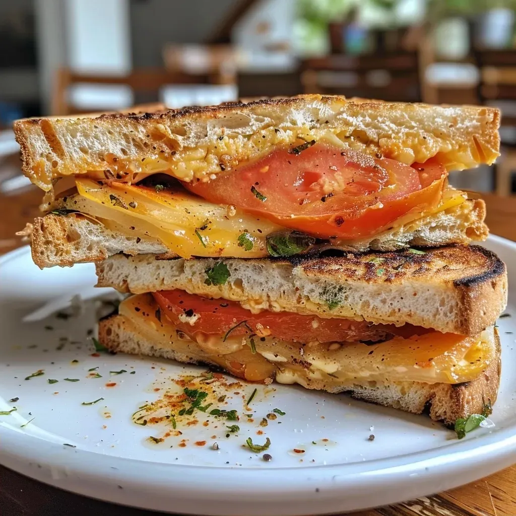 Sanduíche de peru com queijo e tomate em close, mostrando camadas suculentas.