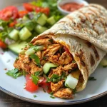 ['Shawarma de frango suculento servido com pão achatado.', 'Prato de shawarma de frango com vegetais frescos ao lado.', 'Close-up de shawarma de frango envolto em pão caseiro.', 'Imagem de shawarma de frango com picles e iogurte.']
