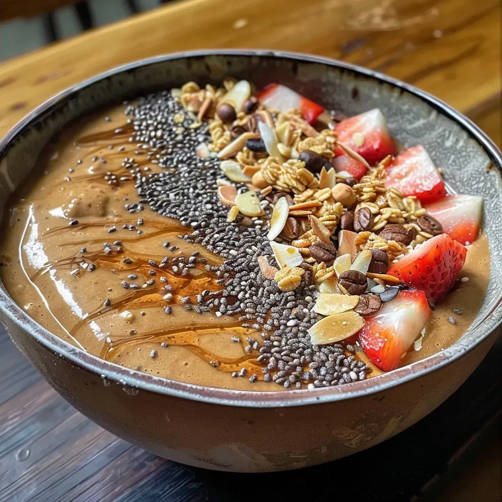 Smoothie Bowl de café saudável com frutas e granola.