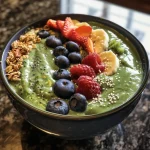 ['Smoothie bowl verde com frutas e granola.', 'Tigela de smoothie verde com toppings coloridos.', 'Close de um smoothie bowl feito com espinafre e frutas.', 'Bowl de smoothie saudável com ingredientes frescos.']