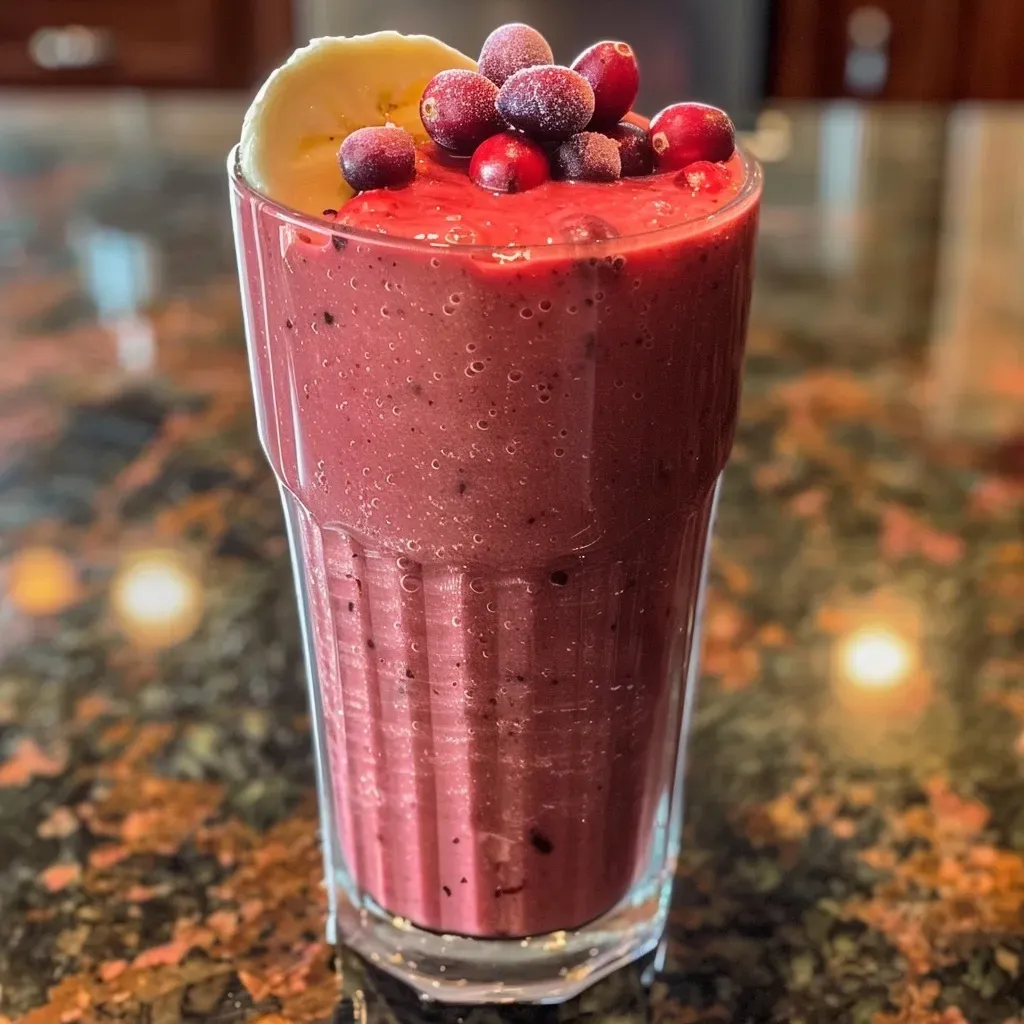 ['Smoothie de hibisco e cranberry em um copo.', 'Bebida refrescante de hibisco com cranberries.', 'Close-up de um smoothie vibrante de hibisco.', 'Mistura cremosa de hibisco e cranberry em um recipiente.']