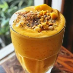 ['Smoothie de manga com iogurte grego e manteiga de amendoim em um copo.', 'Bebida cremosa de manga, iogurte grego e pasta de amendoim em close.', 'Copo de smoothie de manga, decorado com ingredientes visíveis.', 'Smoothie vibrante de manga e iogurte grego servido em um copo.']