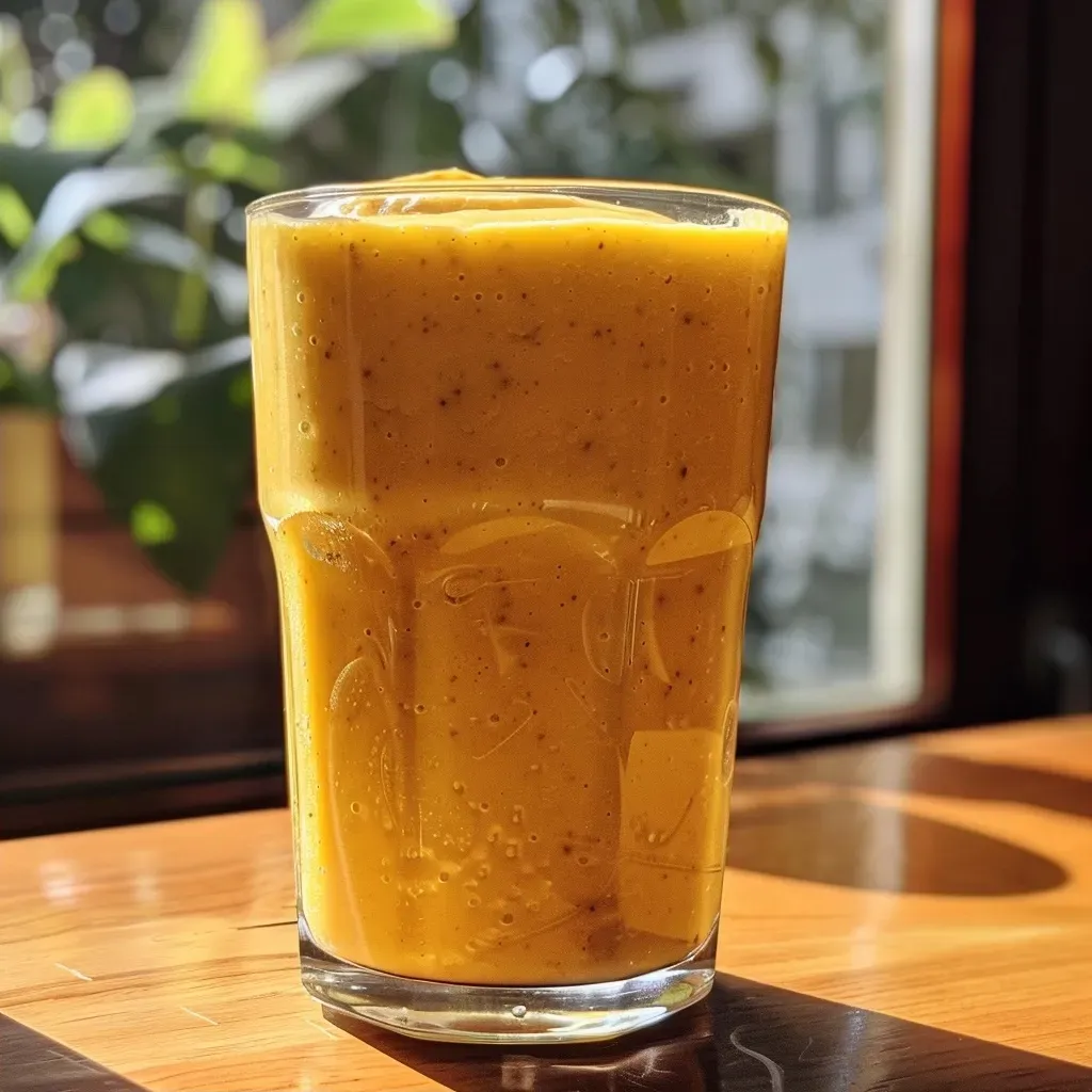 ['Smoothie de manga com iogurte grego e manteiga de amendoim em um copo.', 'Bebida cremosa de manga, iogurte grego e pasta de amendoim em close.', 'Copo de smoothie de manga, decorado com ingredientes visíveis.', 'Smoothie vibrante de manga e iogurte grego servido em um copo.']