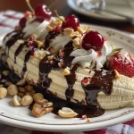 ['Sobremesa Banana Split com sorvete colorido e coberturas.', 'Close de uma Banana Split decorada com frutas e chantilly.', 'Porção de Banana Split com sorvete de baunilha, chocolate e morango.', 'Imagem lateral de sobremesa Banana Split repleta de coberturas.']