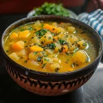 ['Sopa cremosa de gengibre, abóbora e batata-doce em um bowl.', 'Close de uma sopa colorida com abóbora e batata-doce.', 'Prato de sopa quente com gengibre e coentros frescos decorando.', 'Sopa de abóbora e batata-doce com sementes de abóbora em cima.']
