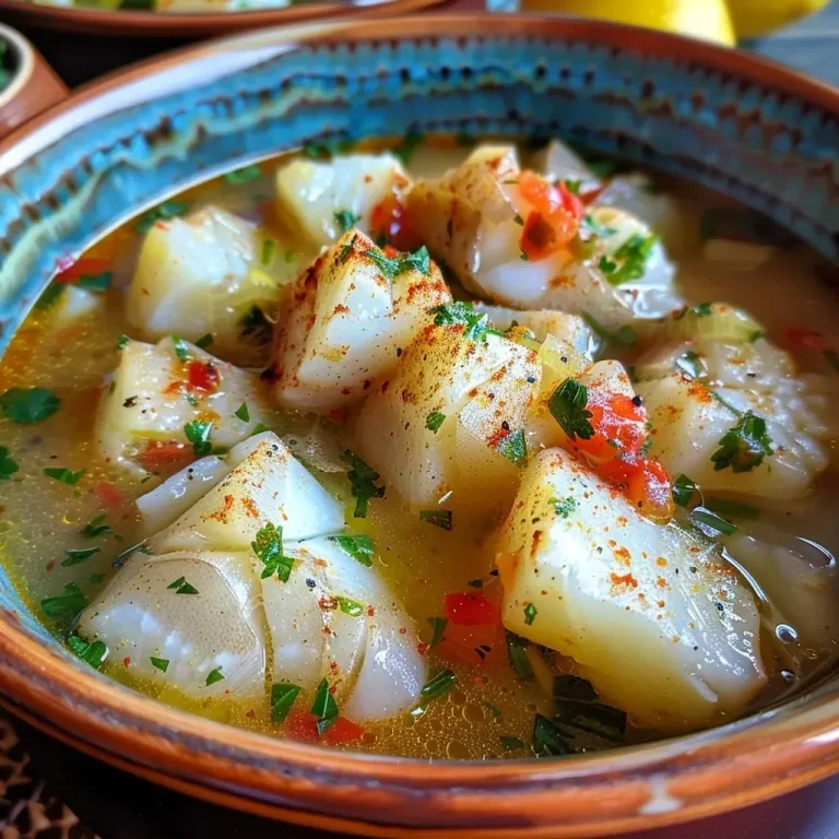 ['Sopa de pescado em uma tigela, com pedaços de peixe e legumes.', 'Close-up de uma sopa de pescado, mostrando ingredientes frescos e coloridos.', 'Tigela de sopa de pescado, com cebola, tomate e pimentão visíveis.', 'Detalhe de sopa de peixe com batatas e decoração de salsinha.']