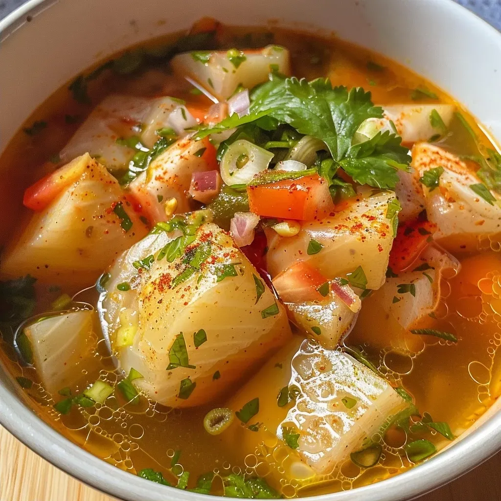 ['Sopa de pescado em uma tigela, com pedaços de peixe e legumes.', 'Close-up de uma sopa de pescado, mostrando ingredientes frescos e coloridos.', 'Tigela de sopa de pescado, com cebola, tomate e pimentão visíveis.', 'Detalhe de sopa de peixe com batatas e decoração de salsinha.']