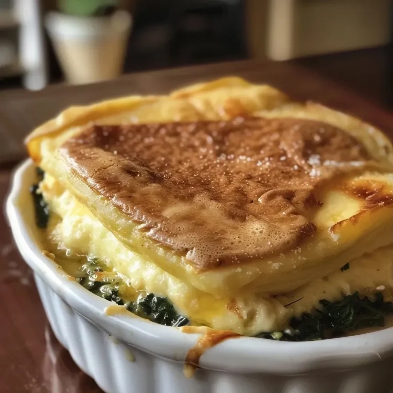 ['Soufflé de espinaca cremoso, com uma textura leve e dourada.', 'Close up de um soufflé de espinaca, apresentando sua superfície dourada e fofa.', 'Porção de soufflé de espinaca, revelando espinafre e queijo derretido.', 'Soufflé de espinaca com ingredientes visíveis, mostrando uma combinação apetitosa.']