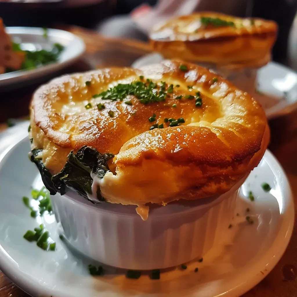 Soufflé de espinaca cremoso, com uma textura leve e dourada.