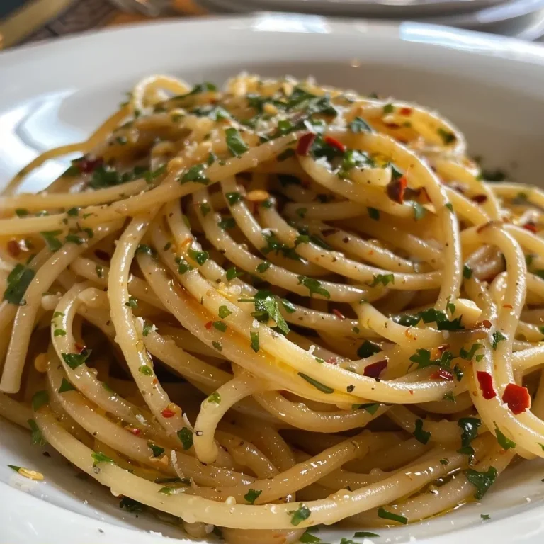 ['Prato de spaghetti aglio e olio com flocos de pimenta.', 'Porção suculenta de spaghetti ao alho, azeite e pimenta.', 'Spaghetti bem temperado com alho e pimenta em um prato.', 'Close-up de spaghetti Aglio Olio e Peperoncino servido.']