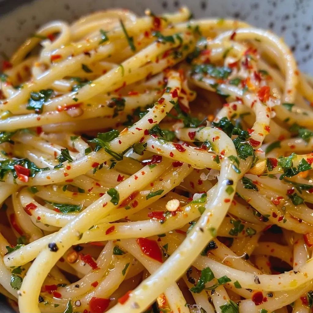 Prato de spaghetti aglio e olio com flocos de pimenta.