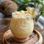 ['Copo de suco de abacaxi com coco, decorado com hortelã.', 'Bebida refrescante de abacaxi e coco em close.', 'Suco gelado de abacaxi com leite de coco em um copo transparente.', 'Close de um copo de suco de abacaxi com gelo e folhas de hortelã.']