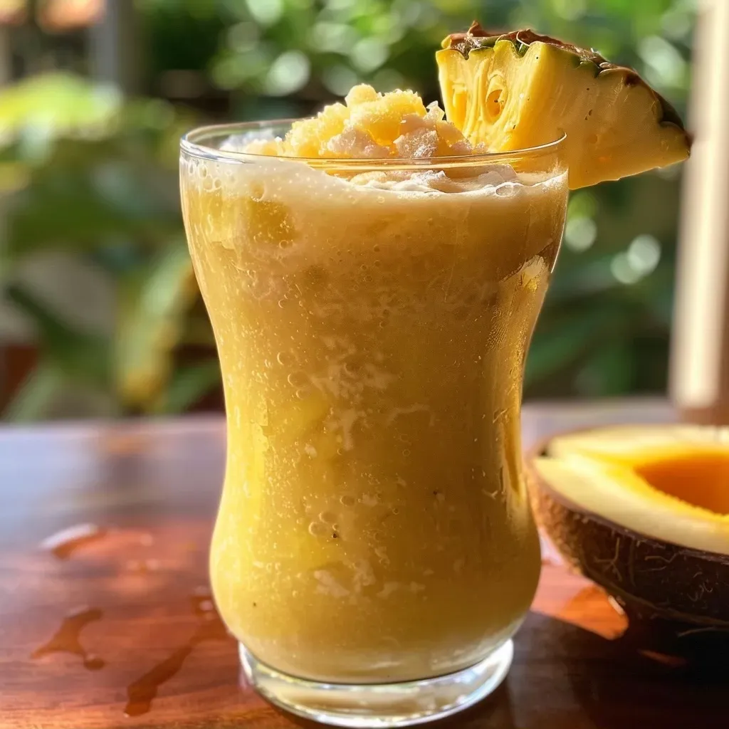 ['Copo de suco de abacaxi com coco, decorado com hortelã.', 'Bebida refrescante de abacaxi e coco em close.', 'Suco gelado de abacaxi com leite de coco em um copo transparente.', 'Close de um copo de suco de abacaxi com gelo e folhas de hortelã.']