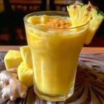 ['Suco de abacaxi com gengibre em um copo.', 'Close de um copo de suco de abacaxi e gengibre.', 'Bebida refrescante de abacaxi com gengibre.', 'Suco amarelo claro de abacaxi e gengibre.']