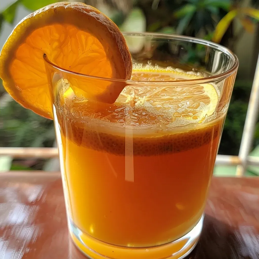 Copo de suco vermelho com morangos e folhas de manjericão.