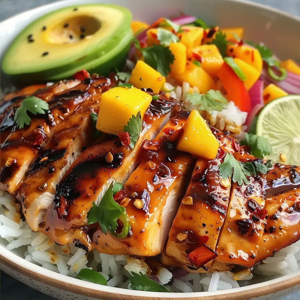 Tigela de frango com manga, salada colorida e arroz.