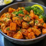 ['Tigelas de frango grelhado com batata doce e brócolis.', 'Prato colorido de frango e batata doce em tigelas.', 'Close de tigelas com frango, batata doce e brócolis frescos.', 'Prato saudável com frango e batata doce, decorado com salsinha.']
