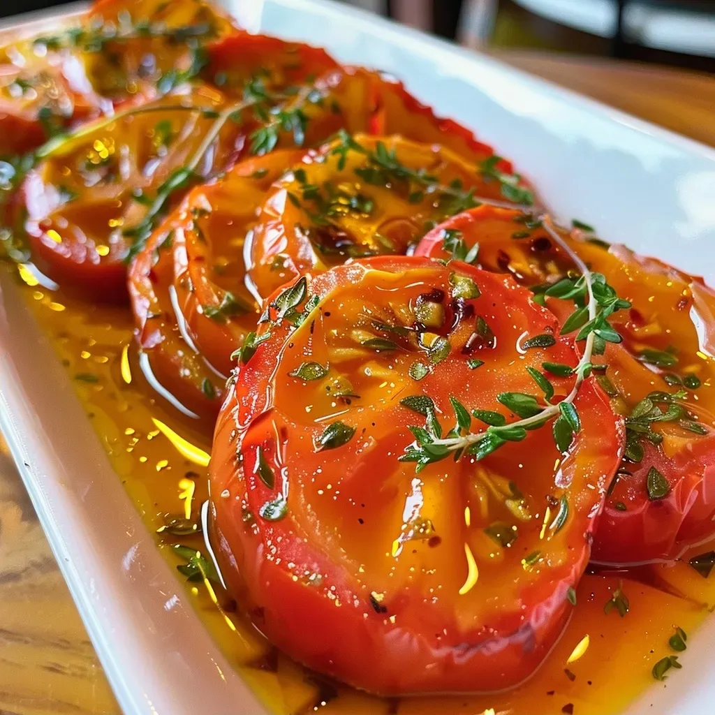 Tomate confit suculento com dentes de alho ao fundo.