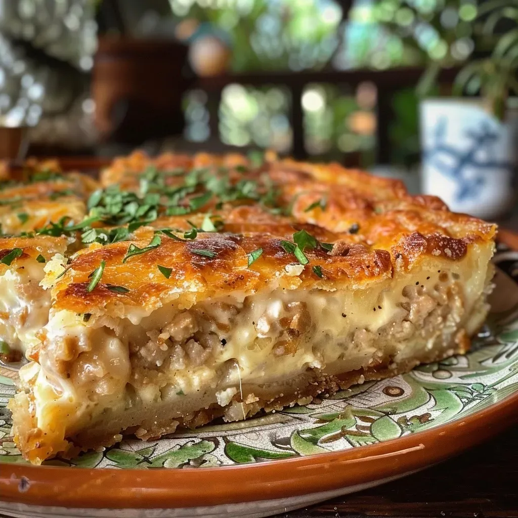 Torta de atum com massa de aveia, vista lateral, em primeiro plano.
