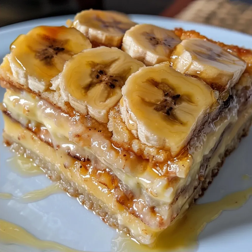 ['Torta de banana cremosa com camadas visíveis de banana.', 'Close-up de uma fatia de torta de banana cremosa, destacando a textura.', 'Vista lateral de uma torta de banana cremosa, mostrando sua riqueza.', 'Fatia de torta de banana cremosa com recheio sedoso e bananas.']
