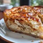 ['Torta de frango e requeijão com massa dourada.', 'Porção de torta de frango recheada com requeijão.', 'Close-up de torta de frango e requeijão com crosta crocante.', 'Fatia de torta de frango com palmito e azeitonas.']