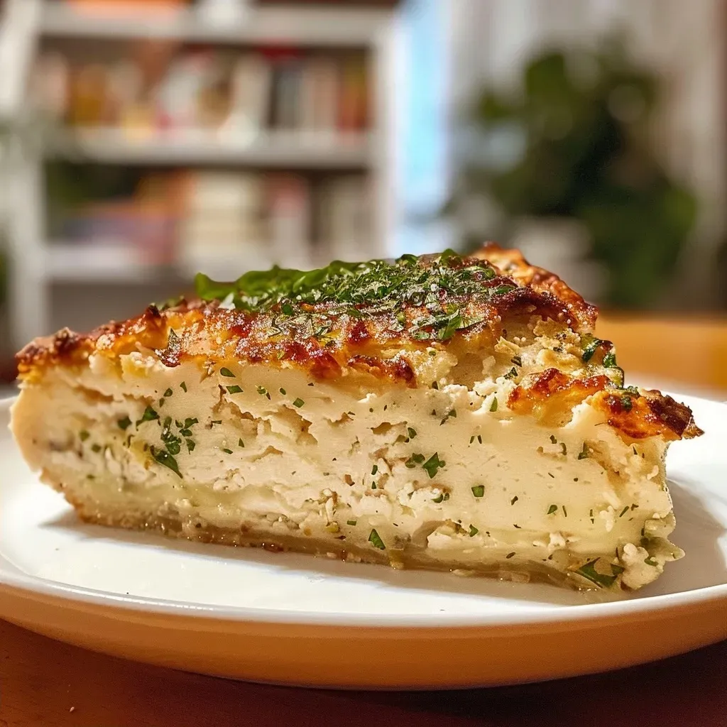 ['Torta de frango e requeijão com massa dourada.', 'Porção de torta de frango recheada com requeijão.', 'Close-up de torta de frango e requeijão com crosta crocante.', 'Fatia de torta de frango com palmito e azeitonas.']