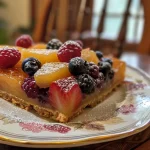 ['Torta de frutas vermelhas suculenta vista de lado.', 'Close-up de uma torta recheada com frutas vermelhas frescas.', 'Imagem lateral de uma deliciosa torta de frutas vermelhas.', 'Torta de frutas vermelhas com crosta dourada e recheio colorido.']