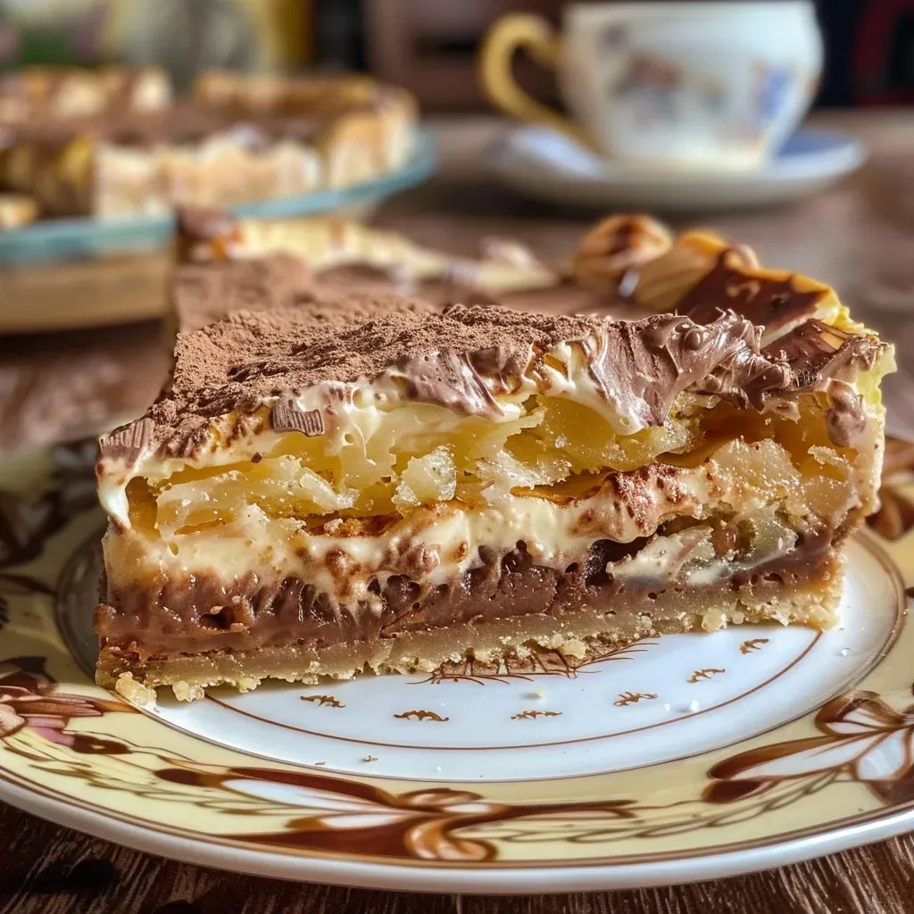 ['Fatia de Torta Holandesa com camada de chocolate.', 'Close-up de Torta Holandesa com recheio cremoso.', 'Lado da Torta Holandesa exibindo suas camadas.', 'Porção generosa de Torta Holandesa com chocolate branco.']