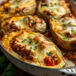 ['Batatas recheadas com carne moída gratinadas com queijo.', 'Close-up de batatas farcidas à carne e cobertas de queijo.', 'Porção de batatas com carne moída e queijo gratinado.', 'Batatas recheadas com carne e finalizadas com queijo derretido.']
