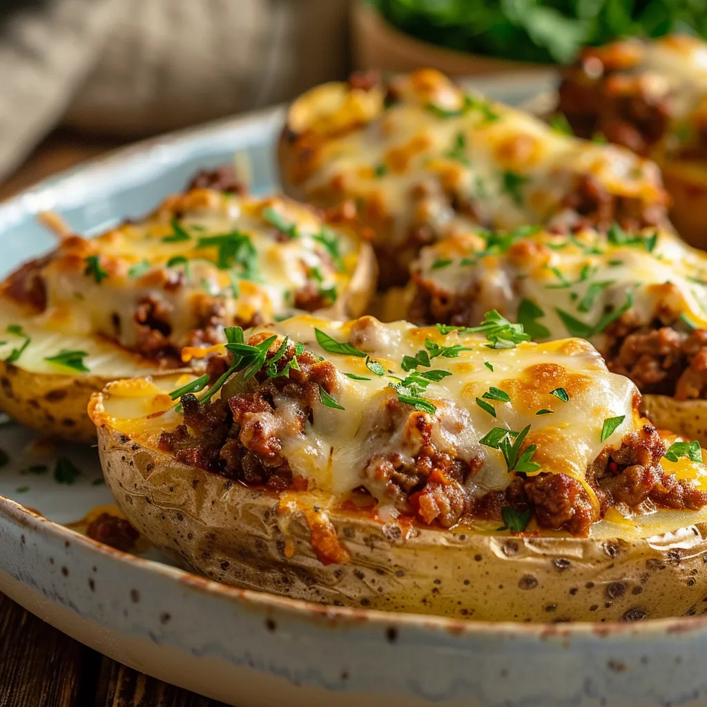 ['Batatas recheadas com carne moída gratinadas com queijo.', 'Close-up de batatas farcidas à carne e cobertas de queijo.', 'Porção de batatas com carne moída e queijo gratinado.', 'Batatas recheadas com carne e finalizadas com queijo derretido.']