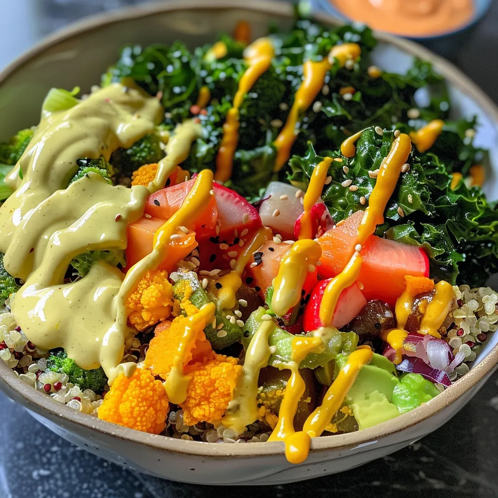 Tigela colorida com vegetais assados e molho de tahine de cúrcuma.
