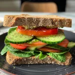 ['Sanduíche vegetariano com abacate, tomate e pepino.', 'Close de um sanduíche recheado com vegetais frescos.', 'Sanduíche saudável composto por pão integral e legumes.', 'Vista lateral de um sanduíche vegetariano colorido.']