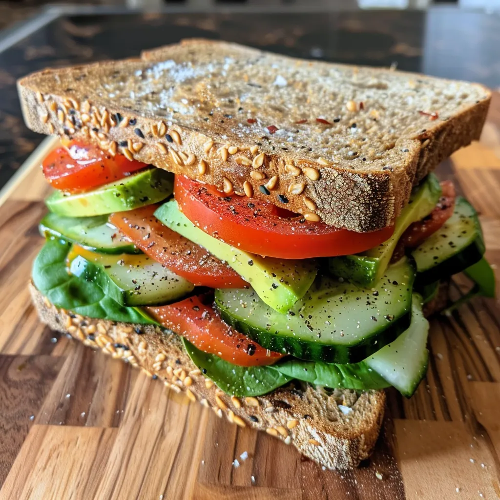 Sanduíche vegetariano com abacate, tomate e pepino.
