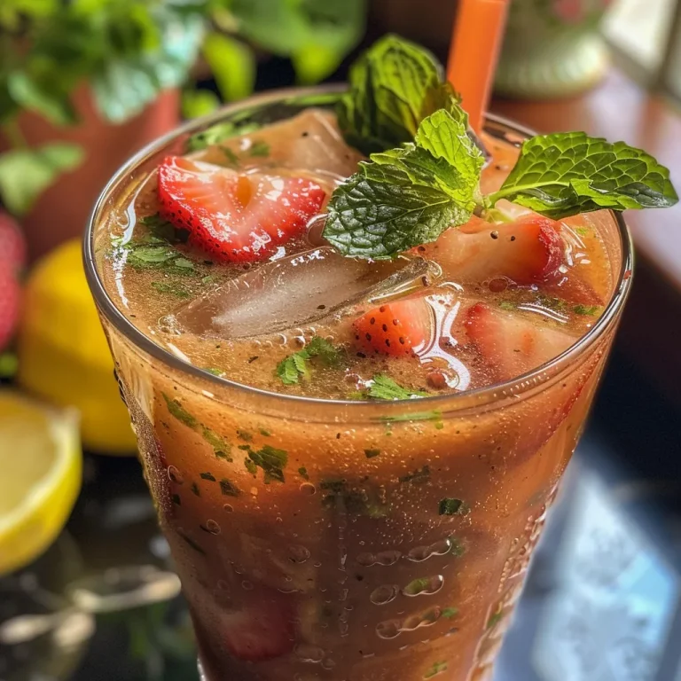 ['Copo de chá gelado de morango com morangos frescos ao redor.', 'Chá gelado de morango servido em um copo transparente.', 'Bebida refrescante de chá gelado de morango com gelo.', 'Close-up de chá gelado de morango com fatias de limão.']