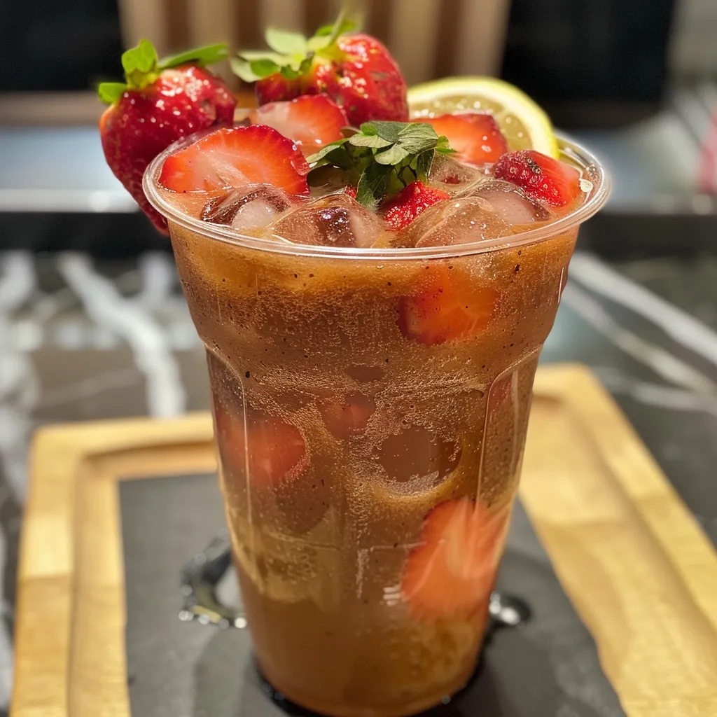 Copo de chá gelado de morango com morangos frescos ao redor.