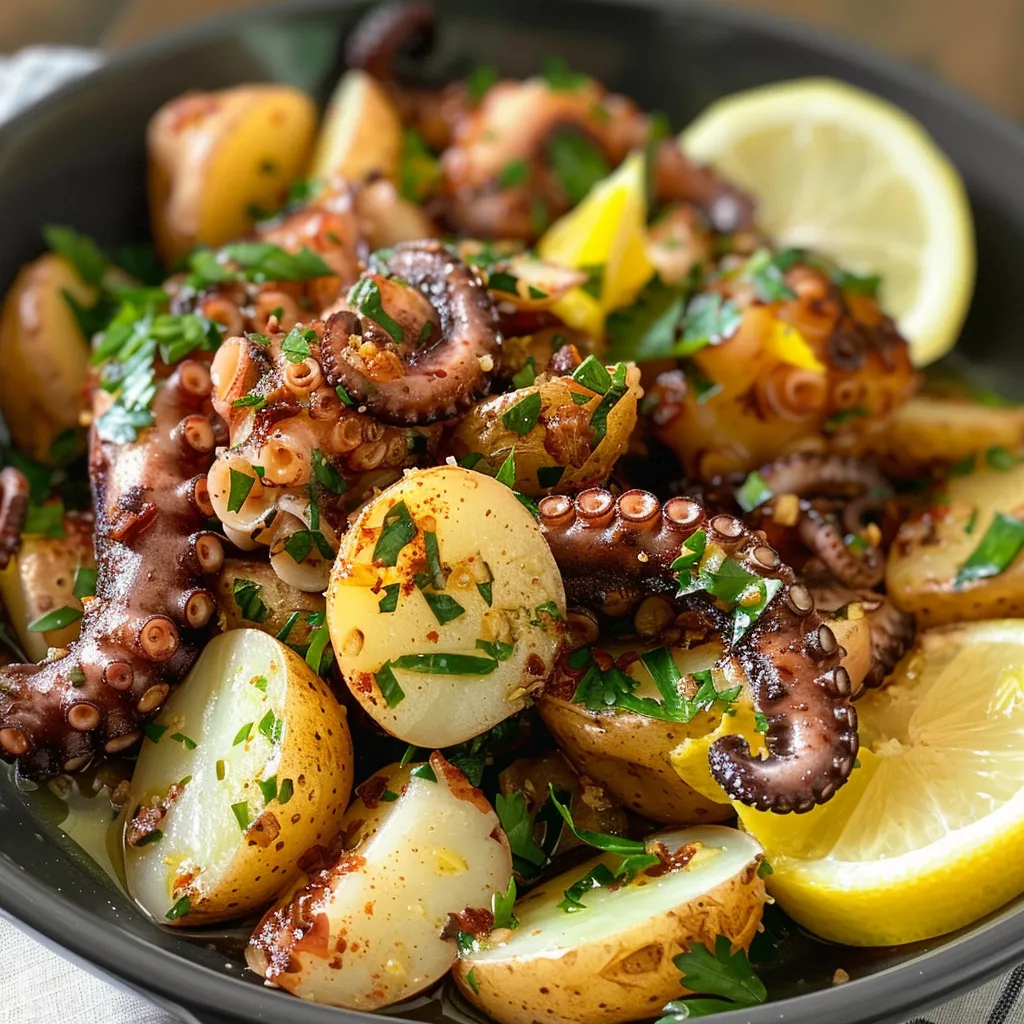 Salada de polvo com batatas e temperos frescos.