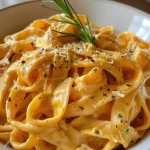 ['Fettuccine Alfredo de batata doce com molho cremoso.', 'Prato de fettuccine alfredo feito com batata doce e queijo.', 'Close-up de fettuccine com batata doce e molho.', 'Fettuccine de batata doce servido com molho alfredo.']