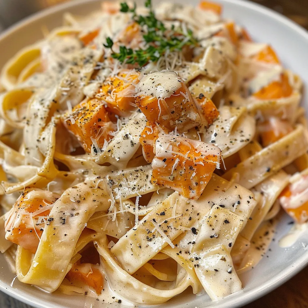 Fettuccine Alfredo de batata doce com molho cremoso.
