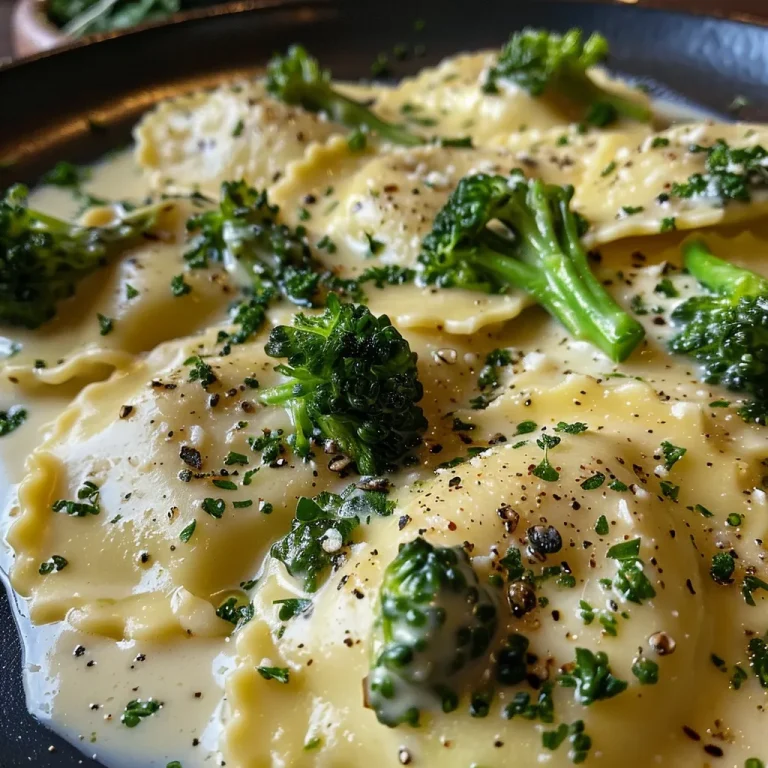 ['Ravioli recheado com queijo, coberto com molho Alfredo e brócolis.', 'Prato de Ravioli com brócolis, molho cremoso e queijo parmesão.', 'Close de Ravioli Alfredo enriquecido com florzinhas de brócolis.', 'Ravioli em molho Alfredo, decorado com brócolis e queijo ralado.']