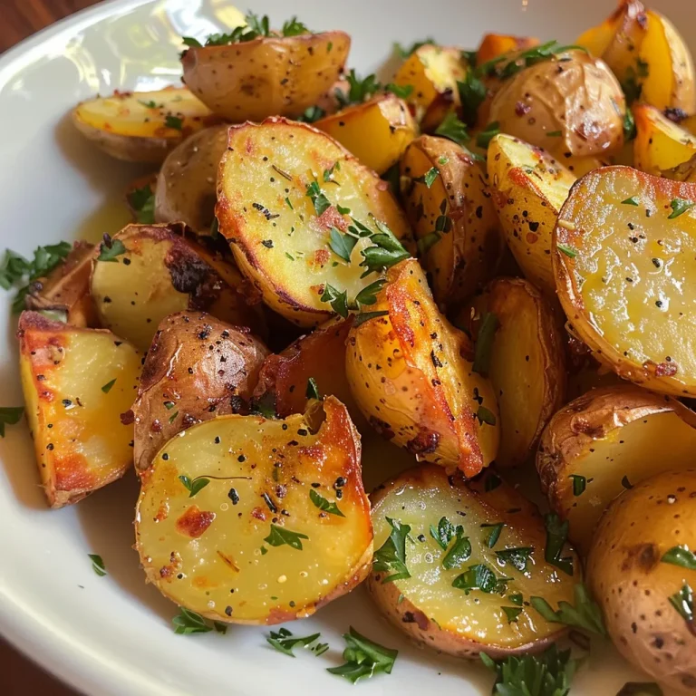 ['Batatas assadas crocantes com alho e alecrim.', 'Close-up de batatas crocantes assadas com temperos.', 'Batatas douradas com alho e alecrim em um prato.', 'Detalhe de batatas assadas com crocância perfeita.']