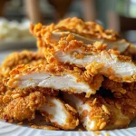 ['Frango empanado crocante coberto com cornflakes.', 'Close-up de tiras de frango empanadas com cornflakes.', 'Peito de frango empanado dorado com cereais cornflakes.', 'Frango crocante com textura de cornflakes.']