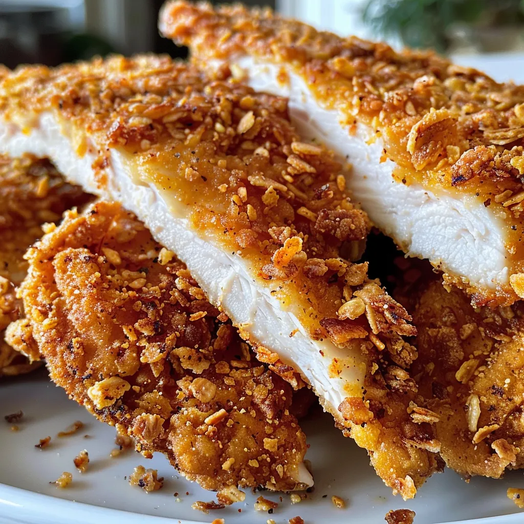 ['Frango empanado crocante coberto com cornflakes.', 'Close-up de tiras de frango empanadas com cornflakes.', 'Peito de frango empanado dorado com cereais cornflakes.', 'Frango crocante com textura de cornflakes.']