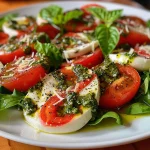 ['Salada Caprese com molho pesto e ingredientes frescos.', 'Close de salada Caprese com tomates, mozzarella e manjericão.', 'Salada Caprese vibrante com molho pesto e folhas verdes.', 'Porção de salada Caprese com molho pesto em um prato.']