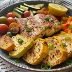 ['Filés de tilápia assados com legumes coloridos em uma assadeira.', 'Close de tilápia mediterrânea assada com vegetais frescos.', 'Porção de tilápia assada com legumes em uma bandeja.', 'Tilápia assada com tomates e abobrinha em uma bandeja.']