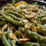 ['Vagem salteada com limão e amêndoas em um prato.', 'Close-up de vagem verde com amêndoas e limão.', 'Prato de vagem salteada com ingredientes frescos.', 'Vagem com amêndoas e limão em uma apresentação apetitosa.']