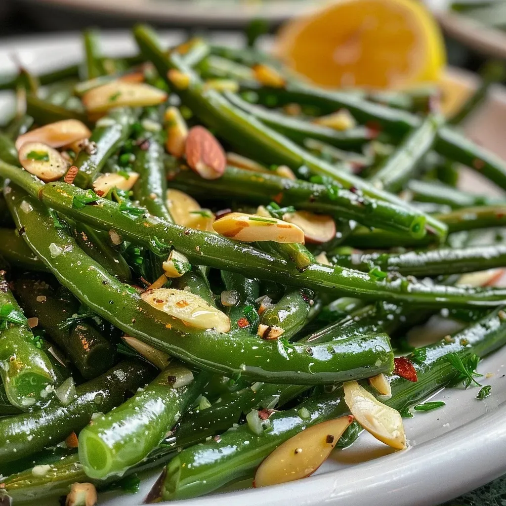 ['Vagem salteada com limão e amêndoas em um prato.', 'Close-up de vagem verde com amêndoas e limão.', 'Prato de vagem salteada com ingredientes frescos.', 'Vagem com amêndoas e limão em uma apresentação apetitosa.']