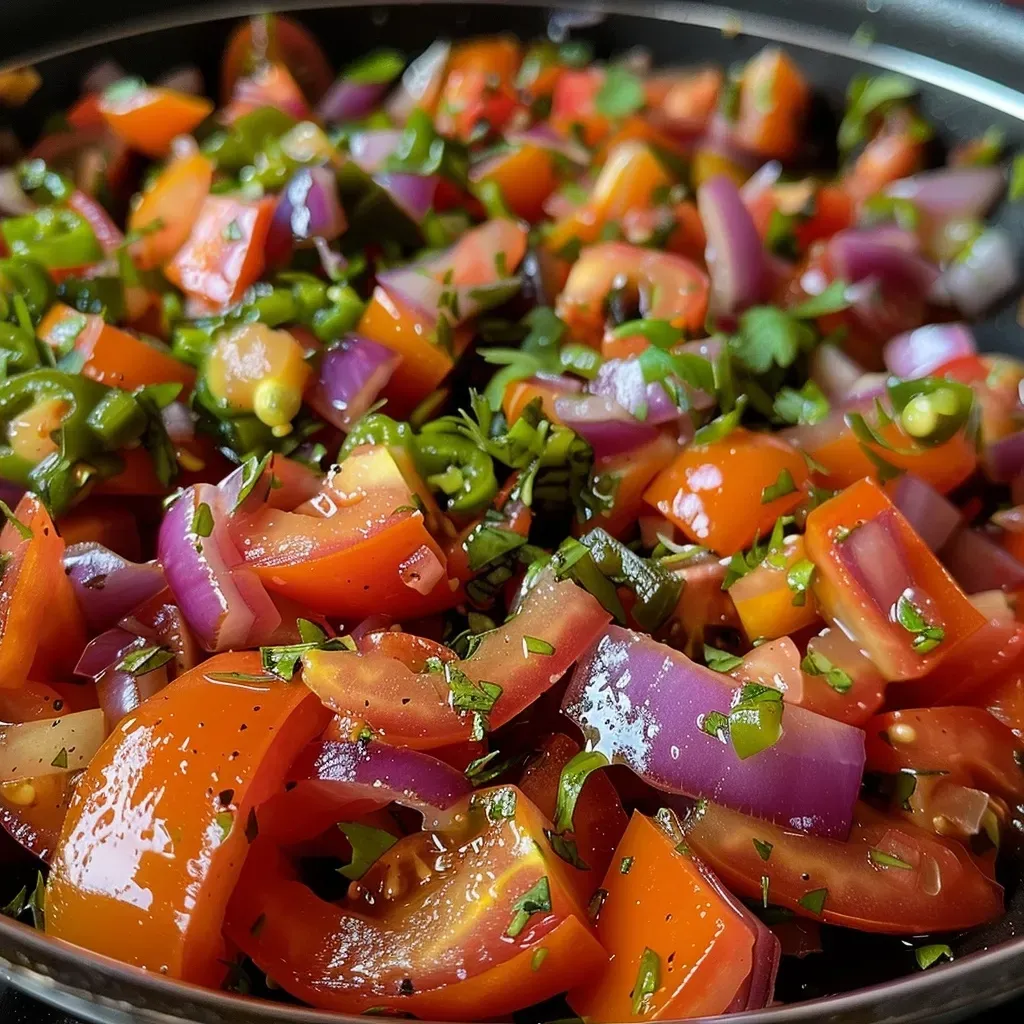 ['Vinagrete colorido e fresco em uma tigela.', 'Ingredientes frescos para vinagrete, incluindo cebolas e pimentões.', 'Vinagrete vibrante pronto para acompanhar cachorro quente.', 'Close-up de vinagrete com cebolas, pimentões e tomates.']