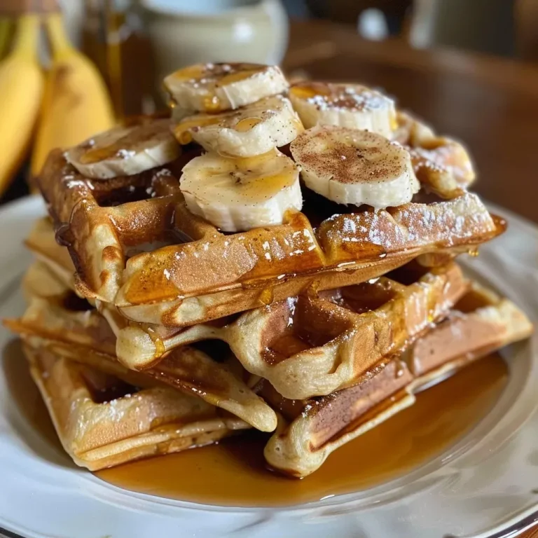 ['Waffles de banana dourados com textura crocante.', 'Waffles de banana servidos em um prato branco.', 'Close-up de waffles de banana, com cobertura de frutas.', 'Waffles de banana com aparência suculenta e apetitosa.']