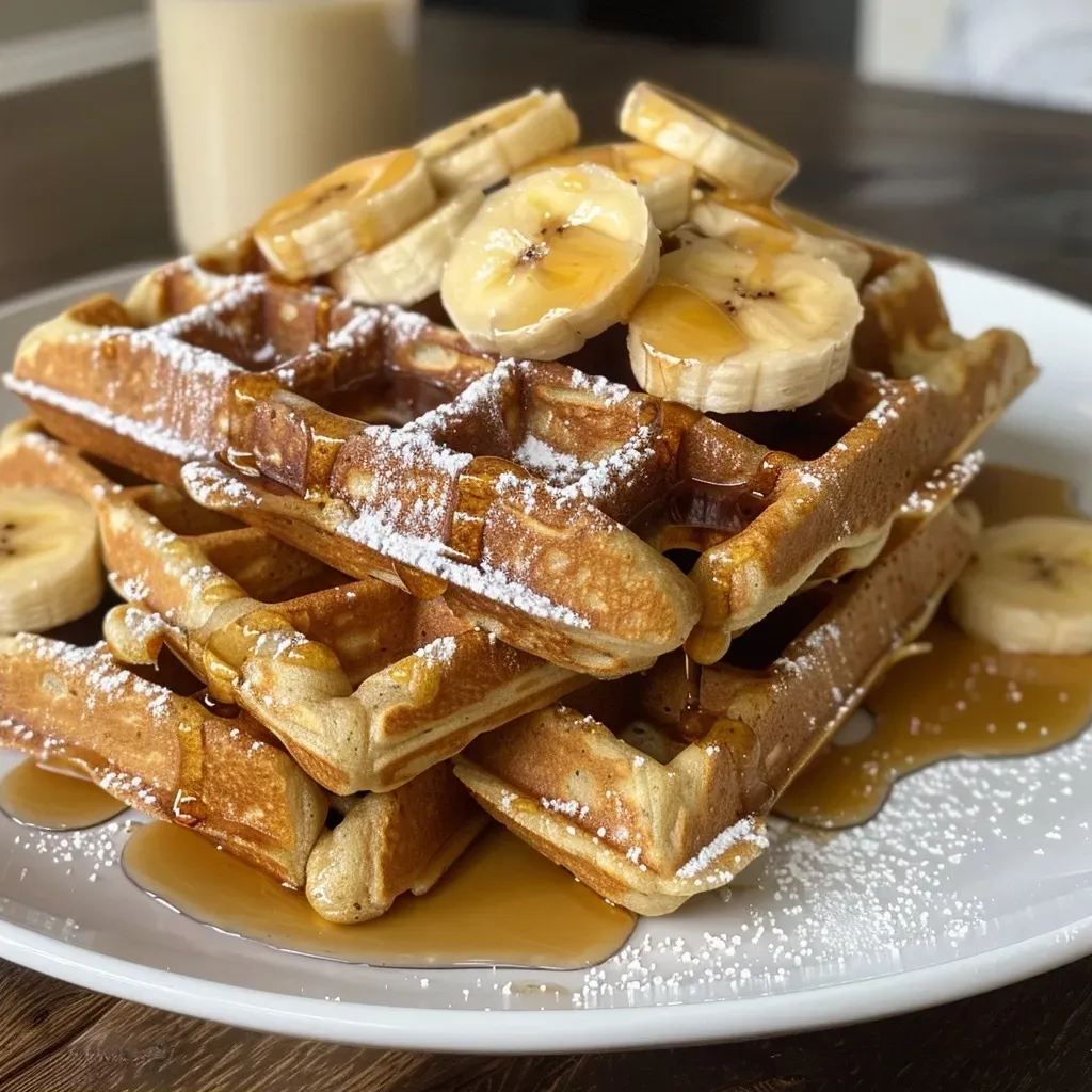 Waffles de banana dourados com textura crocante.